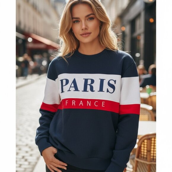 Paris Sweaters - Paris France Colorblock Sweatshirt – Navy White Red – Made in Europe – Size Smal